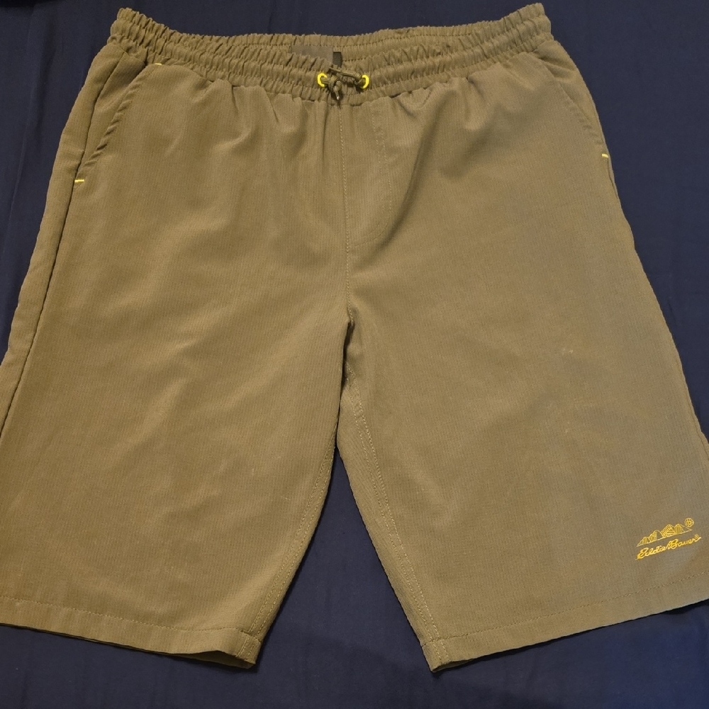 Eddie Bauer Olive Lined Athletic Shorts with Yellow Accents